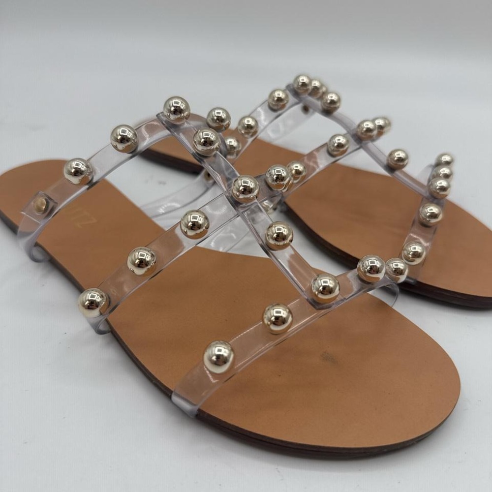 Schutz Sandal's Women's Sz 7 Tan Silver Studs Flats Clear Boho
